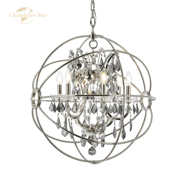 

Modern Orb LED Chandeliers Retro Round Chrome Metal Clear Amber Smoky Crystal Lamps Bedroom Living Room Farmhouse Lights Fixture