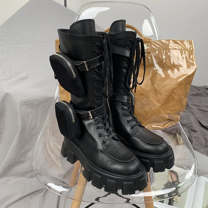 

2020 Winter Pocket Motorcycle Boots Women Thick Heel Round Toe Cross-tied Army Boots Mid-calf Runway Botas Mujer