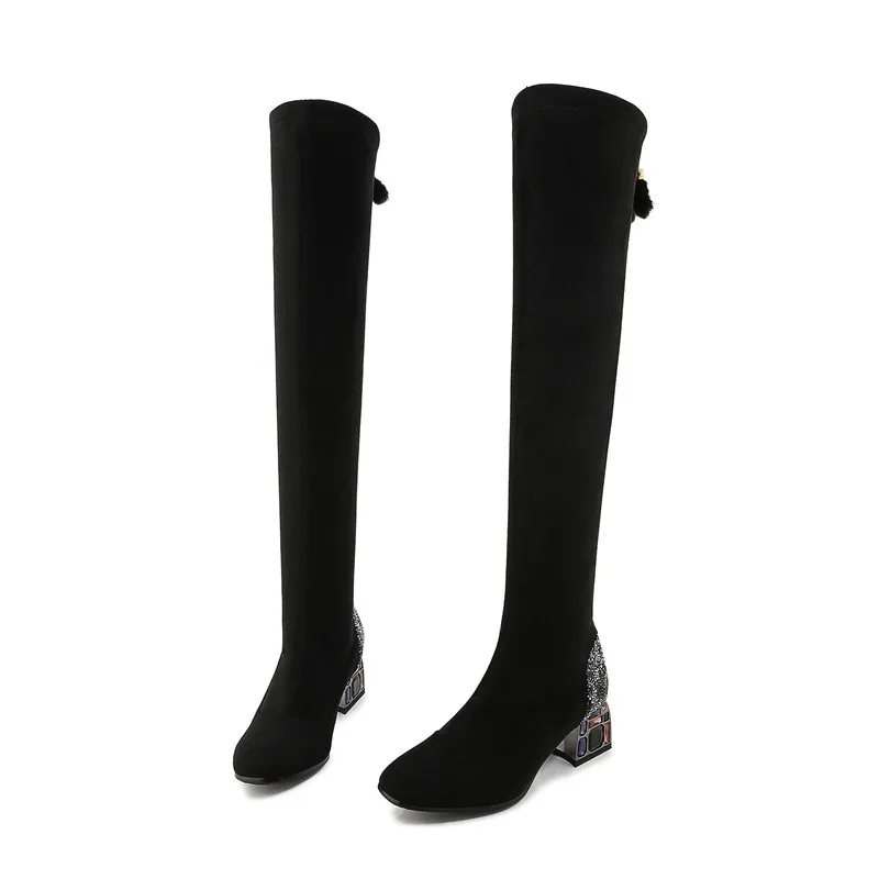 

Winter boots women knee high long boots block high heels rhinestone tassel thigh high over the knee boots 2020 lady plus size 42