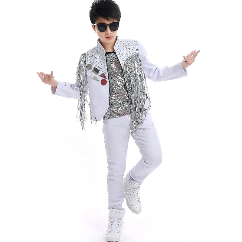 Танцевальные костюмы в стиле хип-хоп для мальчиков серебряное пальто с бахромой