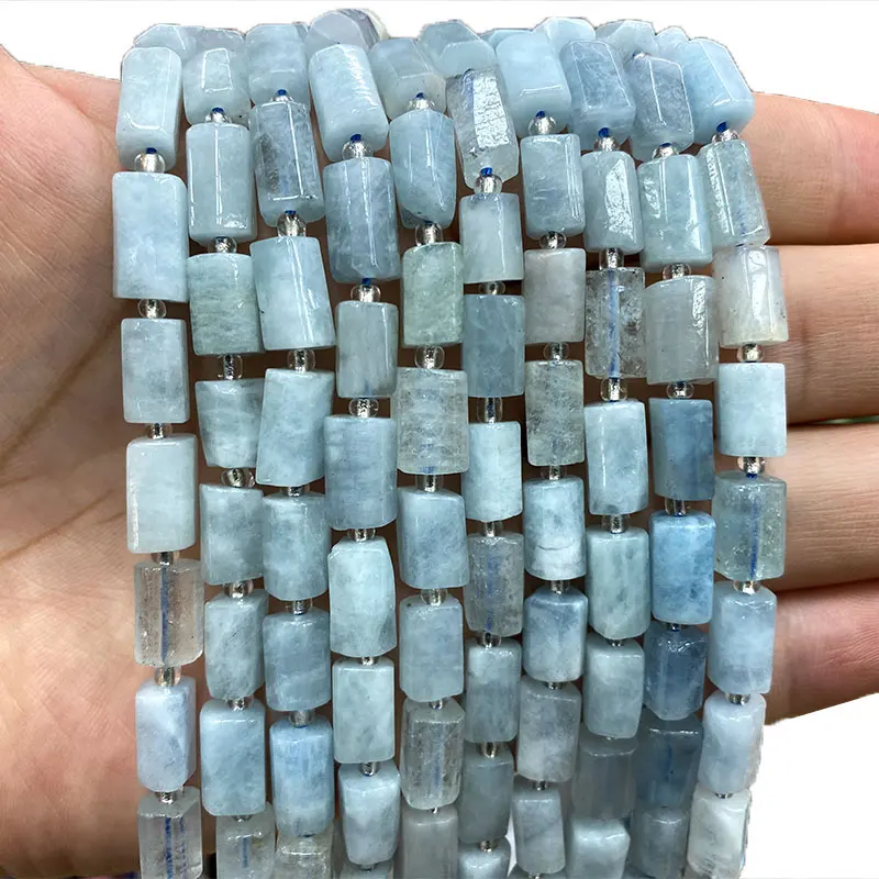 

YWROLE 100% Natural Stone Blue Aquamarine Faceted Cylinder Spacer Beads For Jewelry Making DIY Bracelet Necklace 6*10MM 7.5''
