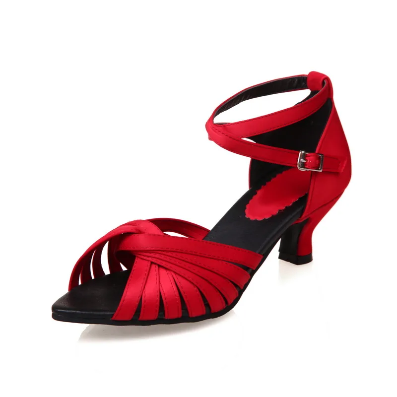 Женская обувь для латинских танцев Цвет черный красный атласная Обувь сальсы и