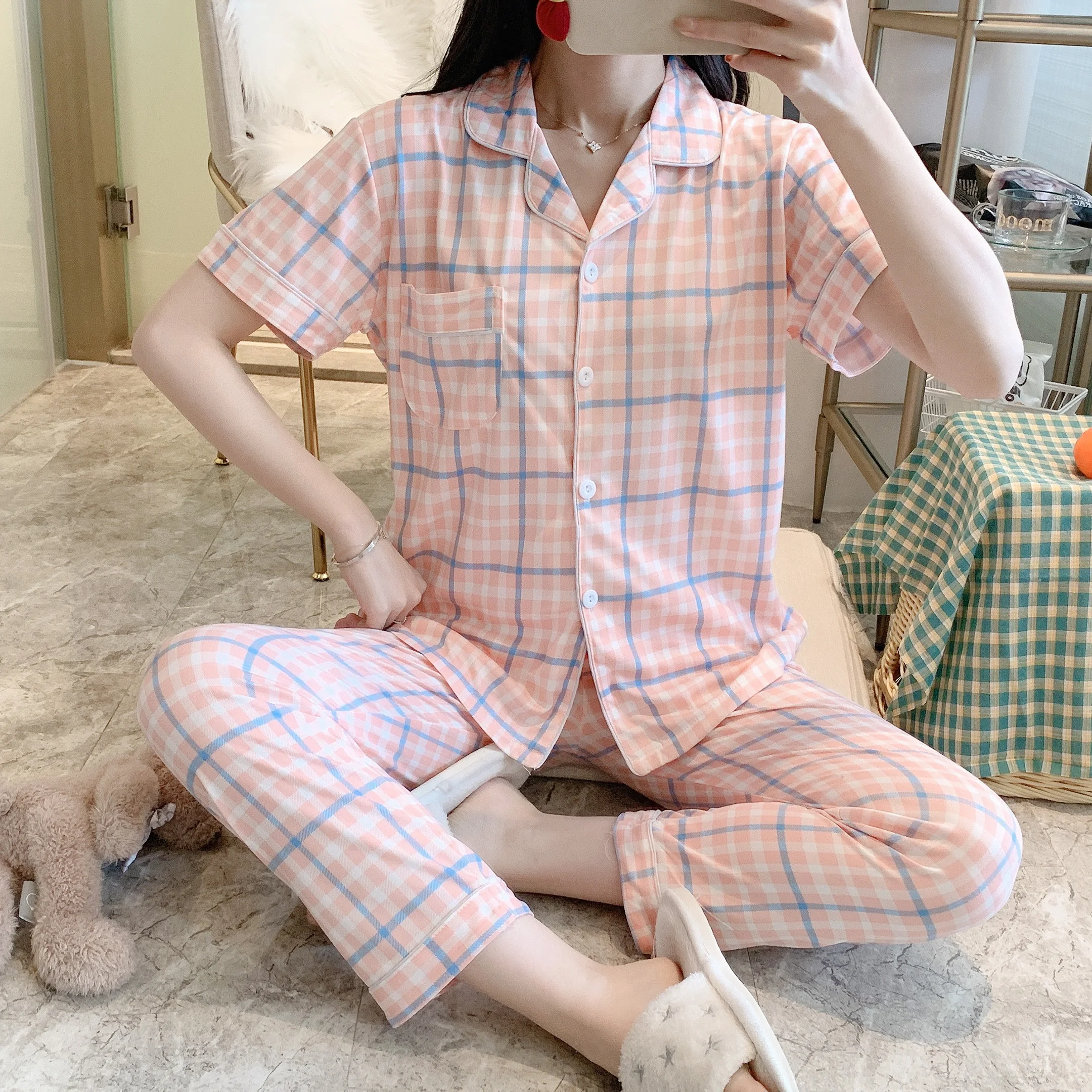 CAIYIER 2021 New Classic Plaid Pajamas Set Summer Women Nightwear  Short Sleeve Korea Minimalist Loose Sleepwear Homewear Suit