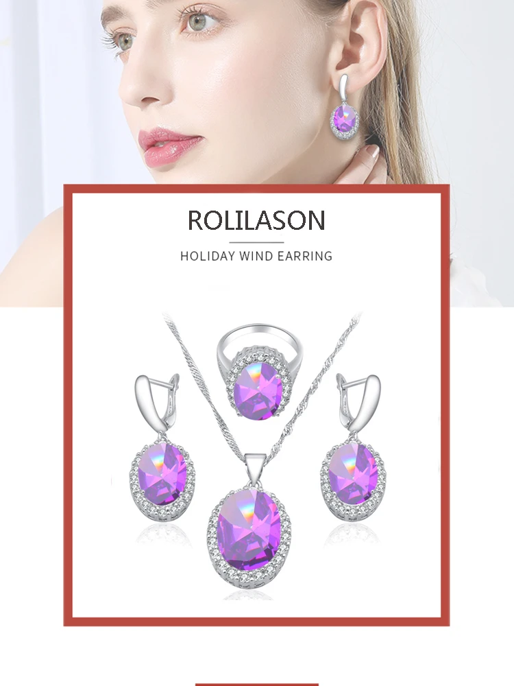 ROLILASON Nobby Фиолетовый Циркон серебряные штампованные серьги ожерелье кулон