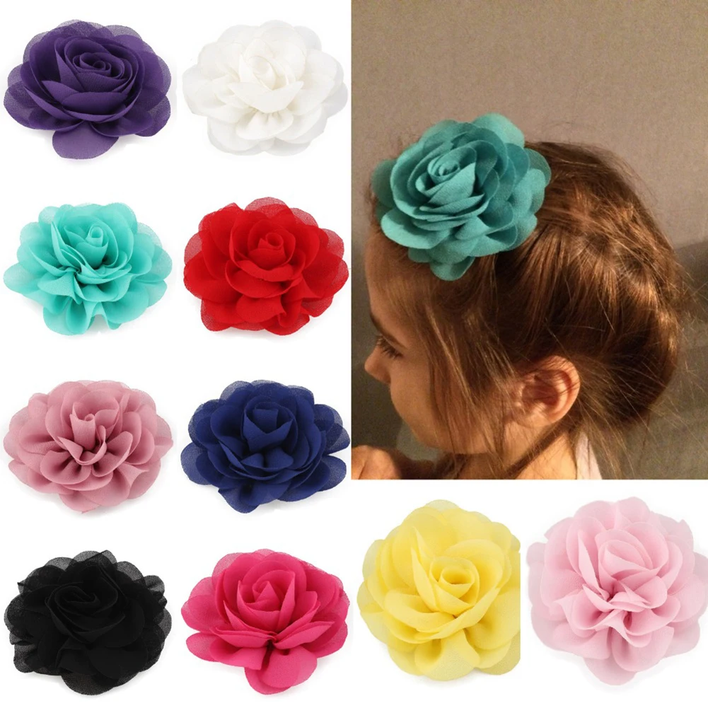 

Wholesale 8.5cm Newborn Chiffon Petals Poppy Flower Hair Clips Rolled Rose Fabric Hair Flowers For Kids Girls Hair Accessories