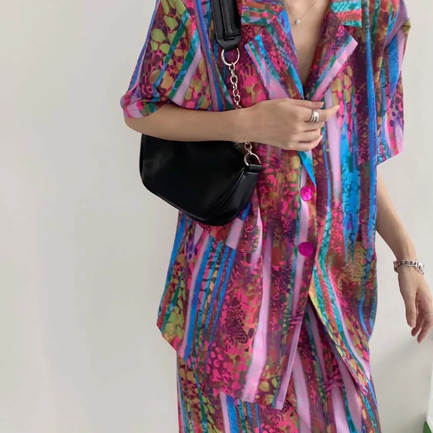 

Plus Size Casual Floral Print Summer Skirt Suit Woman Boho Loose Chic Lapels Short Sleeve Two-Button Long Skirt Suit for Women