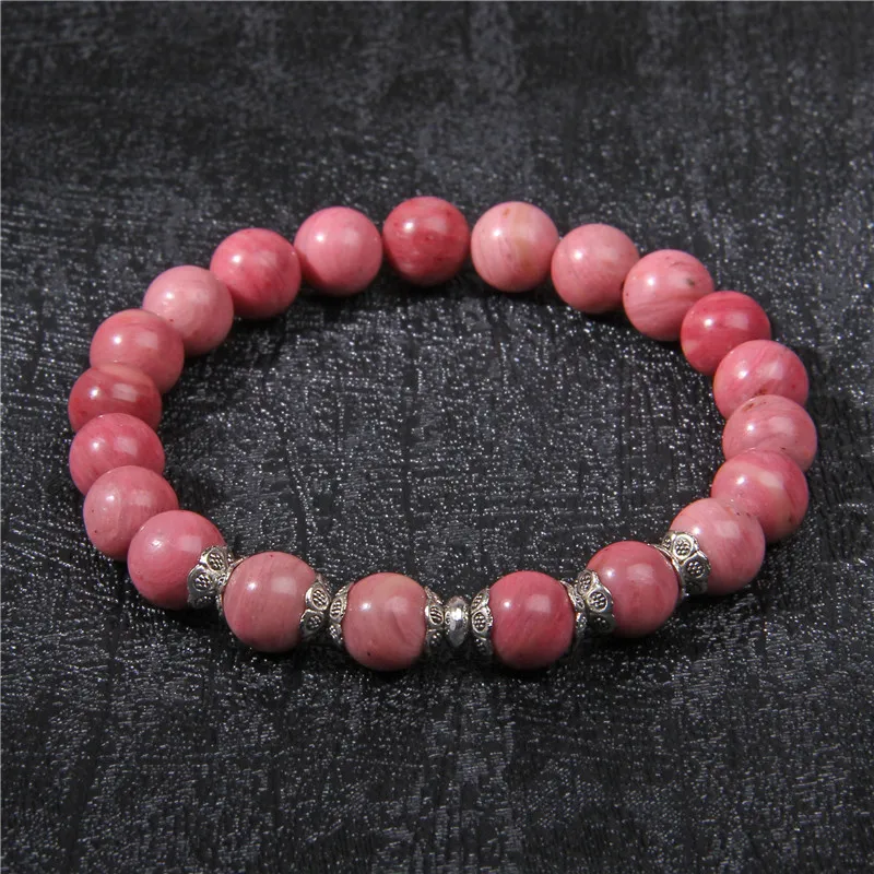 

Lucky tibetan Natural Rhodochrosite stone beads pink stone metal charm bracelet for women simple red pink gem stone bracelets