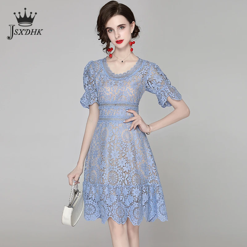 

Женское кружевное вечернее платье, элегантное однотонное ажурное платье миди с коротким рукавом в винтажном стиле принцессы, лето 2021
