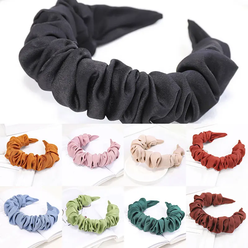 

Hairbands Hair Accessories Satin Ruched Wide Hair Scrunchies Hair Hoop Holder Soft Solid Pleated Head Hoop Headband Hairband New