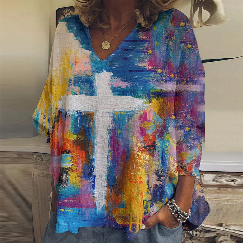 

Women Elegant Cross Tie-Dye Print Blouse Autumn Casual V Neck Loose Pullover Top Spring Long Sleeve Plus Size Female Shirt Blusa