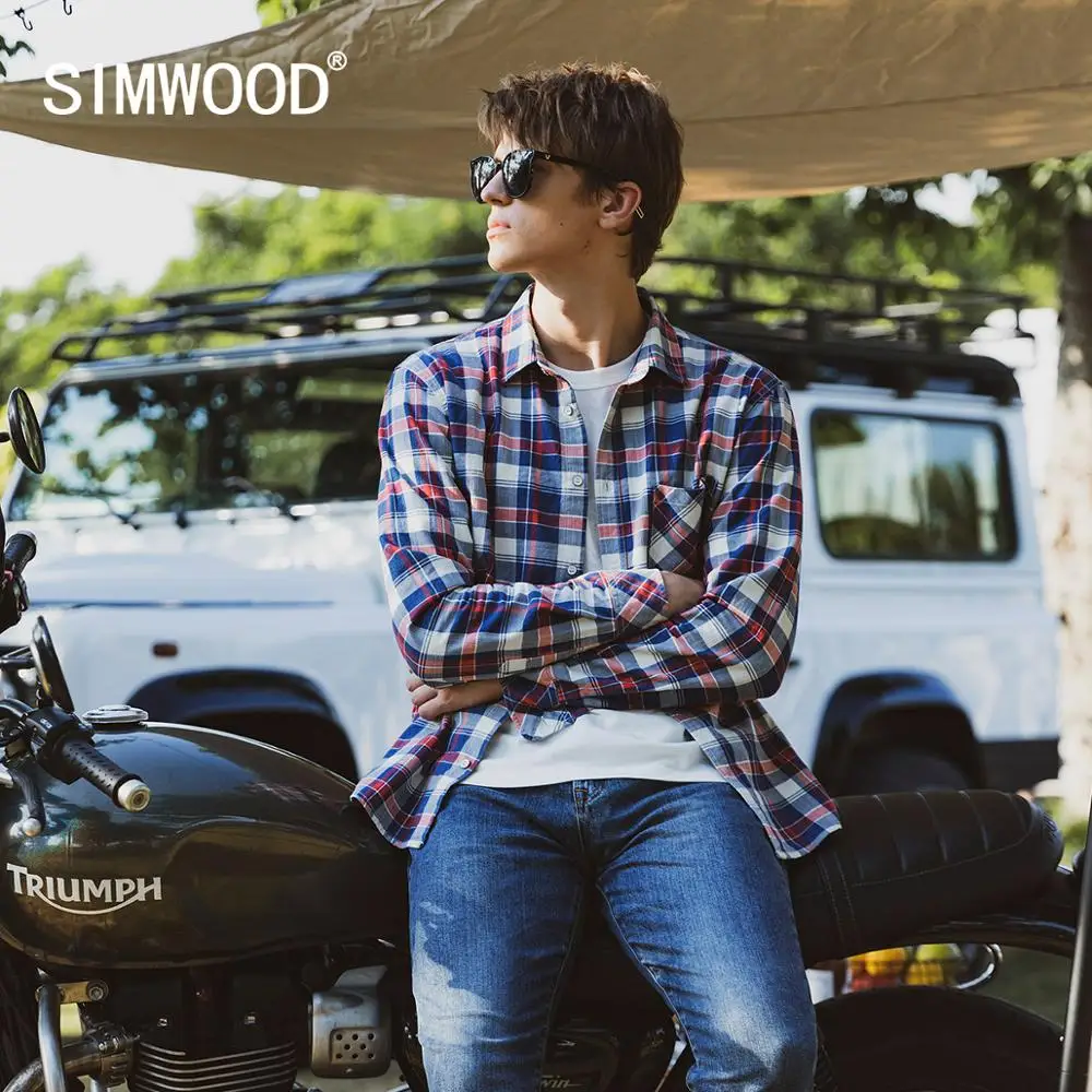 

SIMWOOD 2022 Spring New Vintage Denim Plaid Shirts Men Indigo Casual Plus Size High Quality Shirt 100% cotton shirt SJ170641
