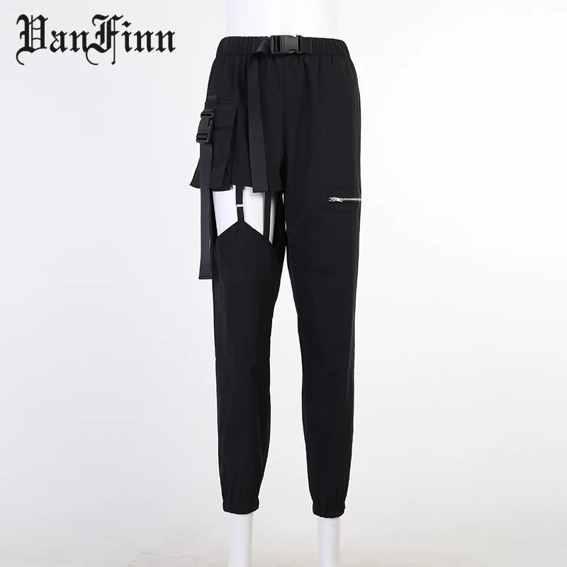 

Fashion Leg Bunched Cargo Pants Women Hollow Holes Loose Pants with Multi-pocket Zipper Belt To Show Slim Casual Pants for Girl
