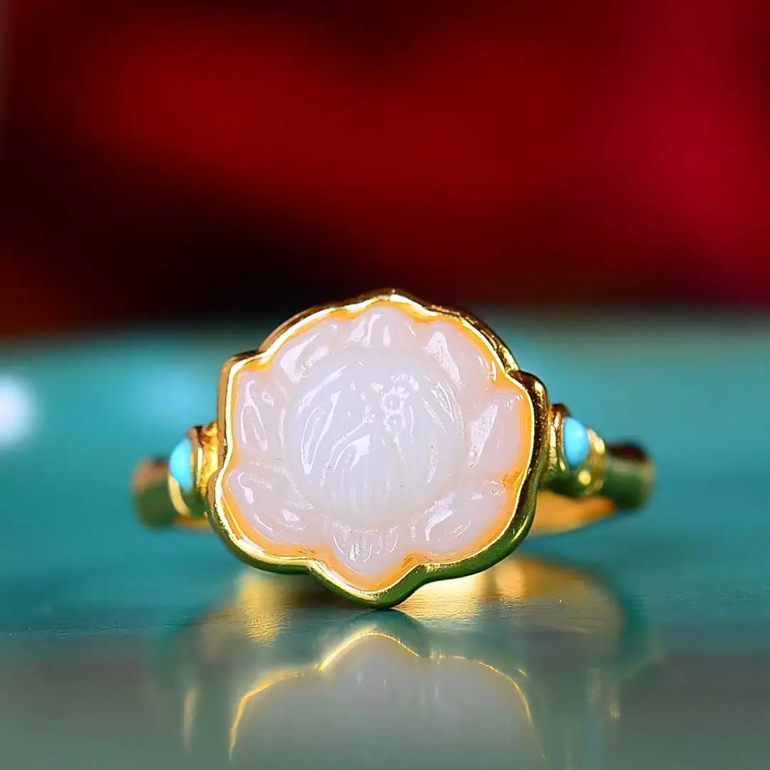 

Natural 925 Inlaid Hetian Jade Lotus Ring