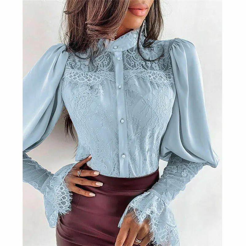 

Women's Shirts With Long Sleeves Lady Elegant Casual Lace Stand Neck Shirts Long Sleeve Tops Blouse Women Fashion Female Blusas