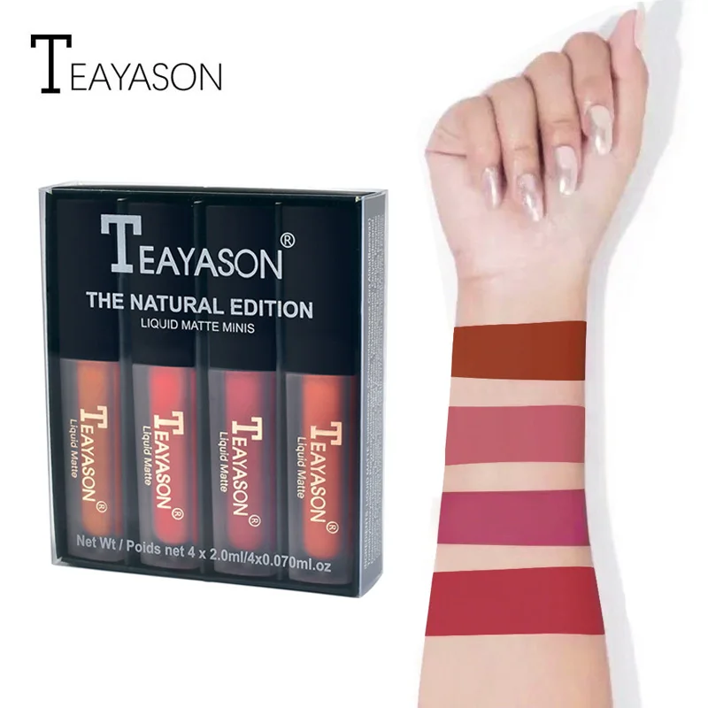 TEAYASON 4 шт./компл. женский модный жидкий набор из помад блеск для губ телесный макияж матовый бархатный блеск для губ красный натуральное увлажняющее средство оттенок