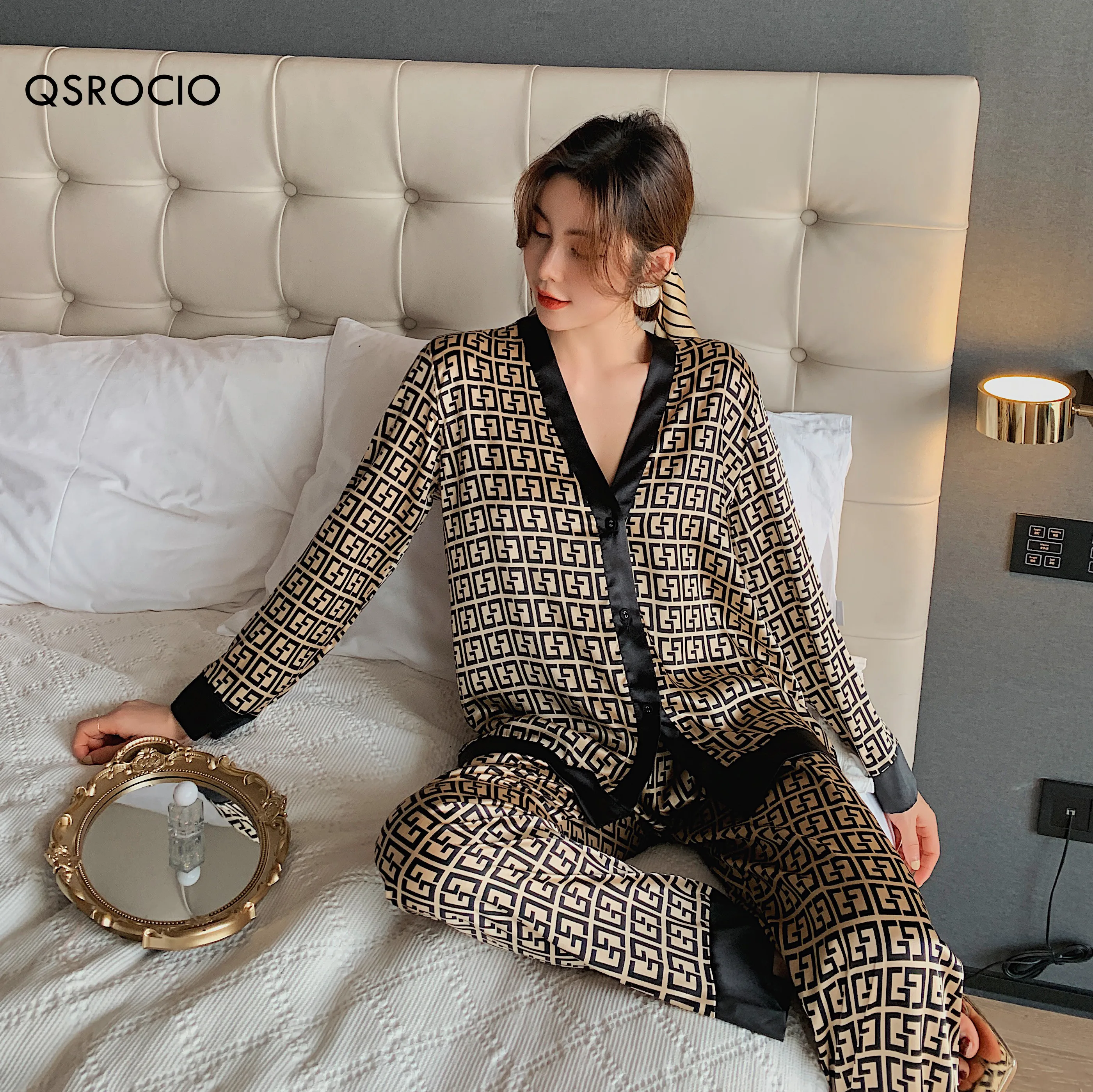 QSROCIO Women's Pajamas Set V Neck Design Luxury Cross Letter Print Sleepwear Silk Like Home Clothes XXL Large Size Nightwear