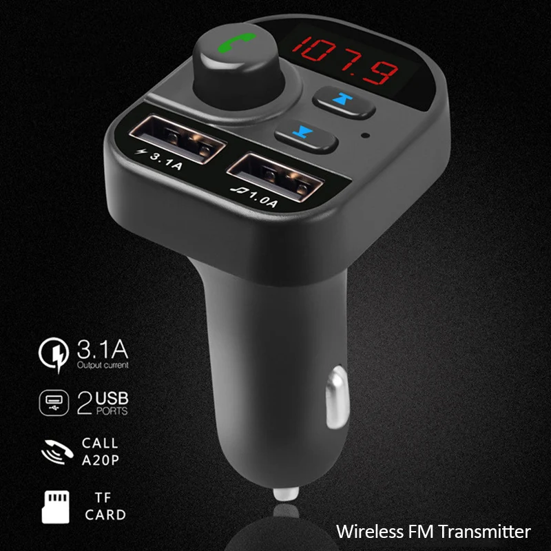 

Автомобильный беспроводной FM-трансмиттер с Bluetooth, радио адаптер, mp3-плеер, двойное зарядное устройство USB 3,1 А, Hands Free, поддержка TF-карты, телеф...