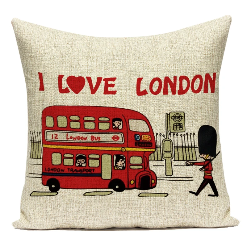 Милый чехол для подушки из полиэстера в стиле карикатурного лондонского солдата, здания, автобуса и флага для украшения гостиной - Альмофадас.