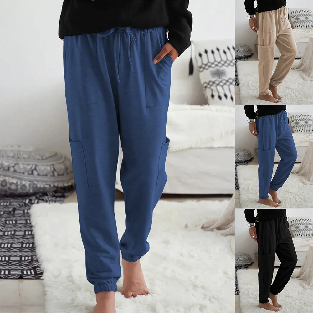 

Solid Color Loose Sweatpants Female Multi-pocket Drawstring Slacks Loose Casual Long Pants Fashion Elastic Waist Trousers D30