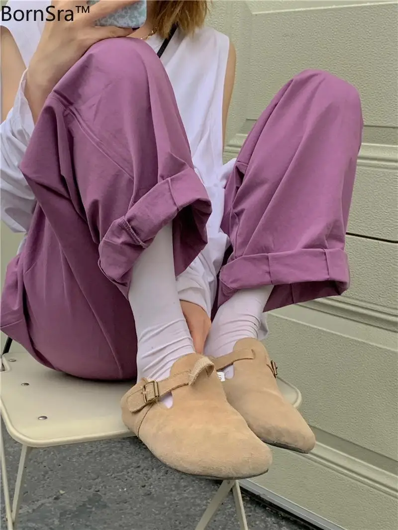 

Bornsra 2021 Cotton Full Length Spring/Autumn High Street Woman Pants Wide Leg Pants Loose Button Fly Solid High Pants
