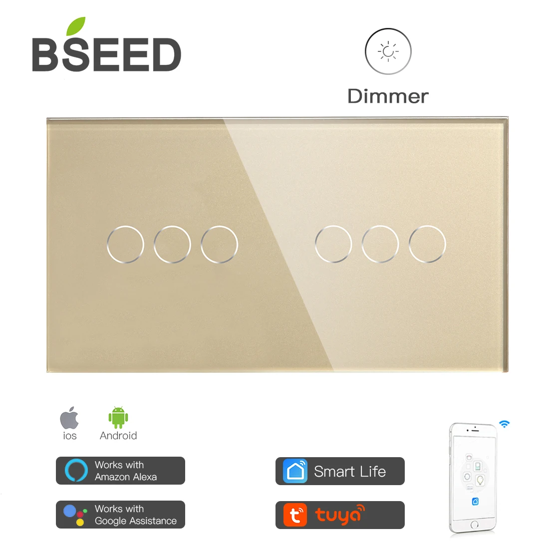 Умный сенсорный Wi-Fi диммер Bseed двухпозиционный выключатель света с 3 клавишами