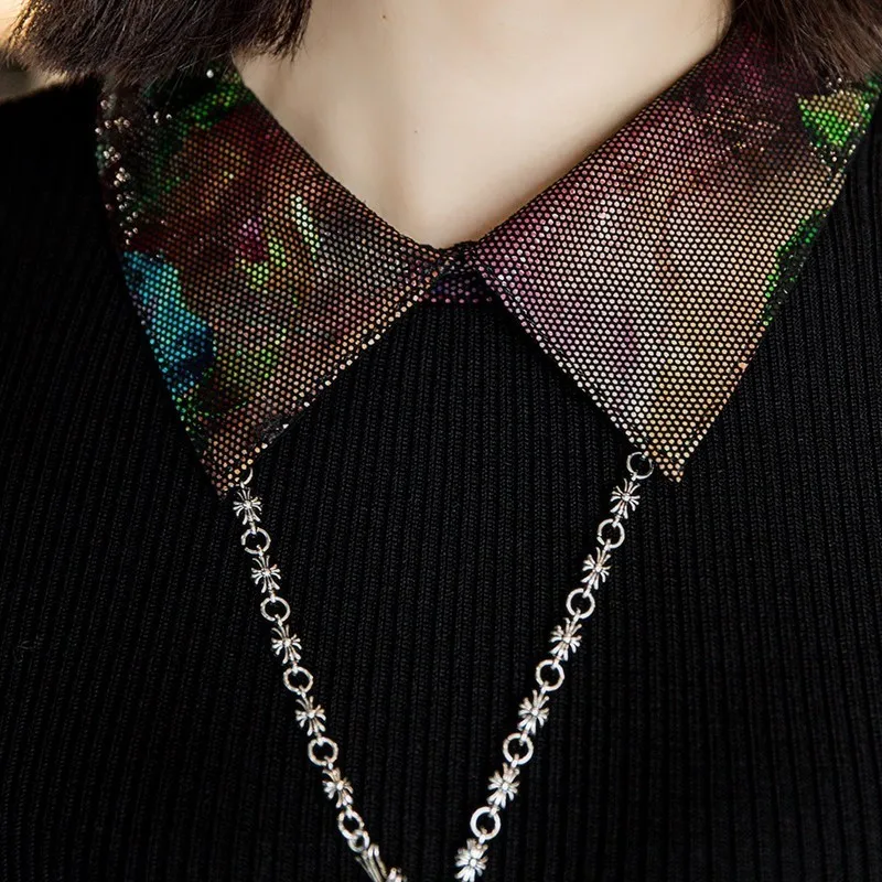 

New Flowers Printing Knitted Sweater Women High Street Square Collar Patchwork Genuine Leather Long Sleeve Slim Pullovers Ladies