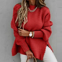 fashion half high neck loose solid color long sleeved side slit knitted sweater women 2022 autumn and winter pullover womens