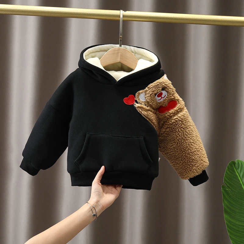 

2021 Winter Infant Clothes Baby Boys Girls Sweatshirts Warm Plush Thicken Outdoor Children Tops Cartoon Bear Kids Hooded Sweater