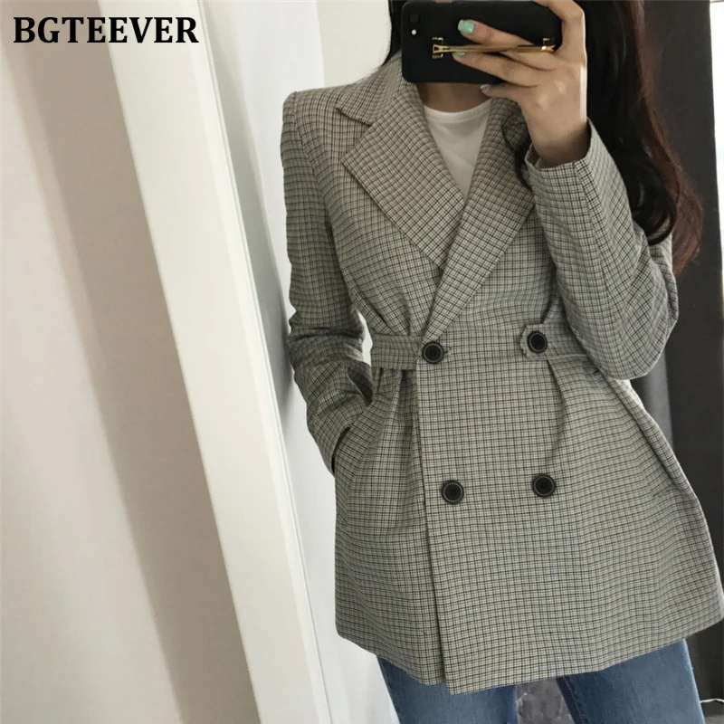 Женский винтажный Блейзер BGTEEVER офисный двубортный пиджак в клетку весна