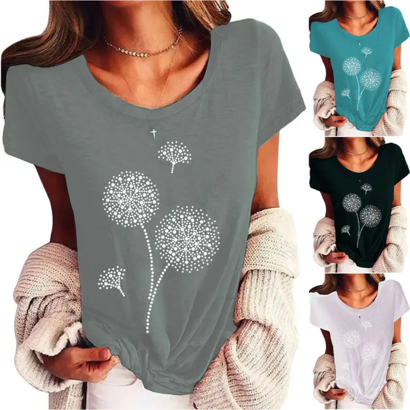

Womens Floral Print Short Sleeve T-Shirt Top Round Neck Casual Blouse Plus Size