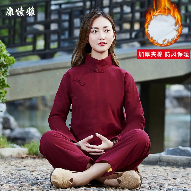 Winter Thick Fleece Women Yoga Tai Chi Uniforms Meditation Linen Warm Loose Chinese Traditional Casual  Kungfu Martial Arts Set