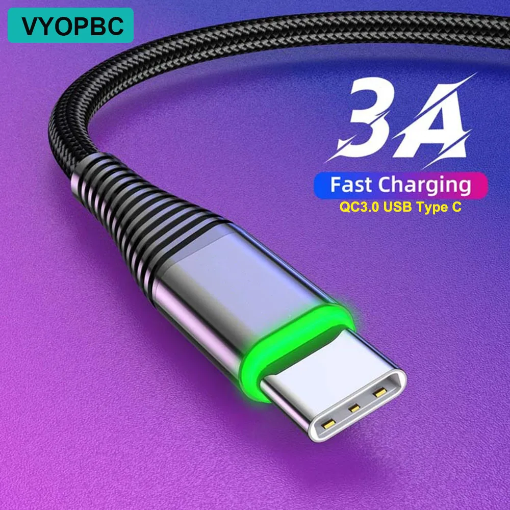 

VYOPBC USB Type C Cable 3A Fast Charging LED USB C Cable For Xiaomi Poco Samsung Huawei USB-C Data Cord Wire Phone Charger Cable