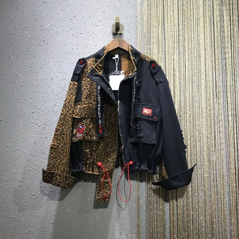 Leopard Print Patchwork Women Denim 2 Piece Set Fashion Jeans and Jacket Streetwear Womens Loose Jeans Coat