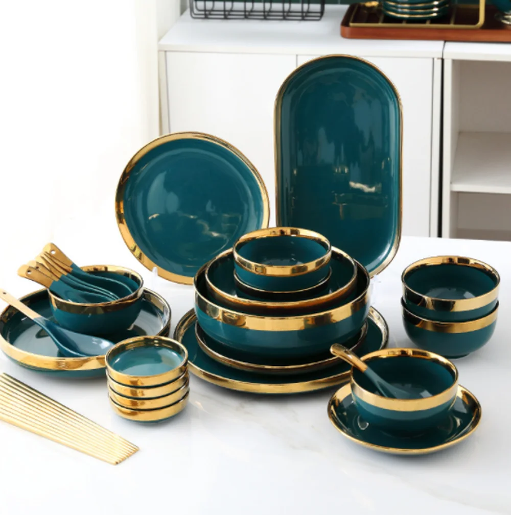 Набор из 25 тарелок Light Luxury Green Phnom Penh из костяного фарфора керамической посуды для обеда на кухне.