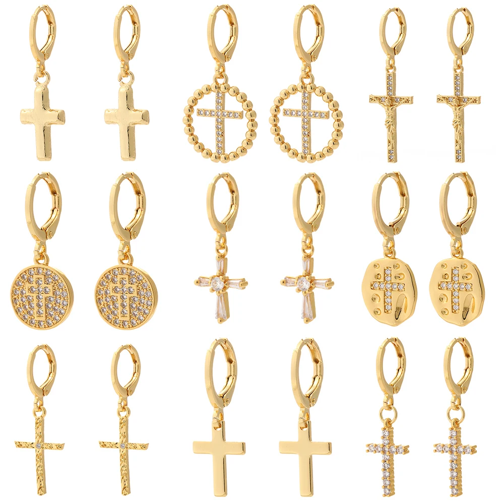 

Cross Earrings for Women Gold Hoop Dangle Earrins Bling Micro Pave Zircon CZ Paired Earring Trendy Punk Party New Fashion 2021