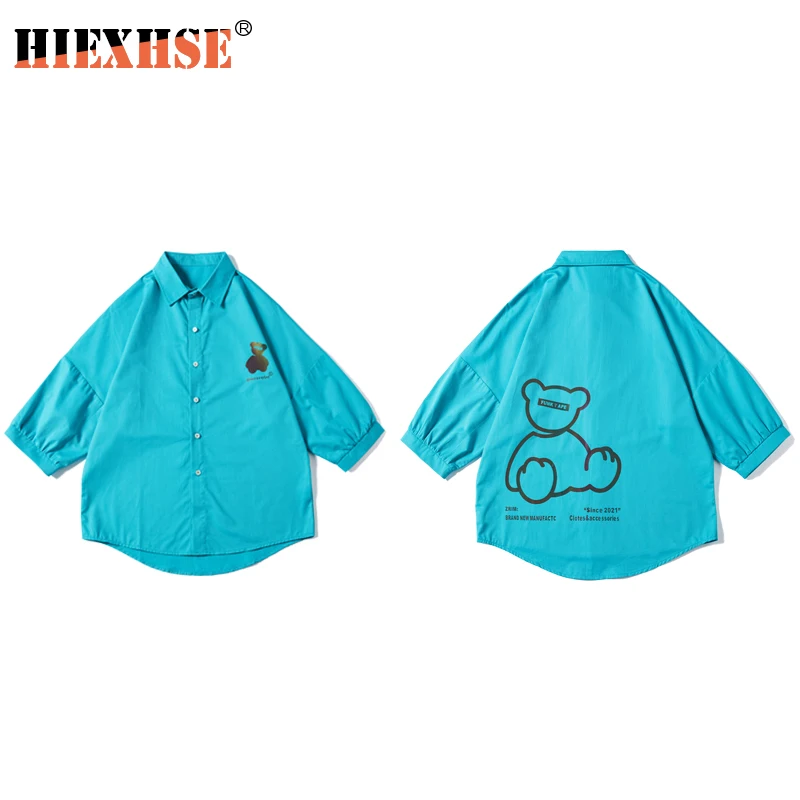 

2021 Summer Little Bear Printing Shirts Men Streetwear Hip Hop Hawaiian Holiday Casual Shirts 100% Cotton Plus Size Shirt Unisex