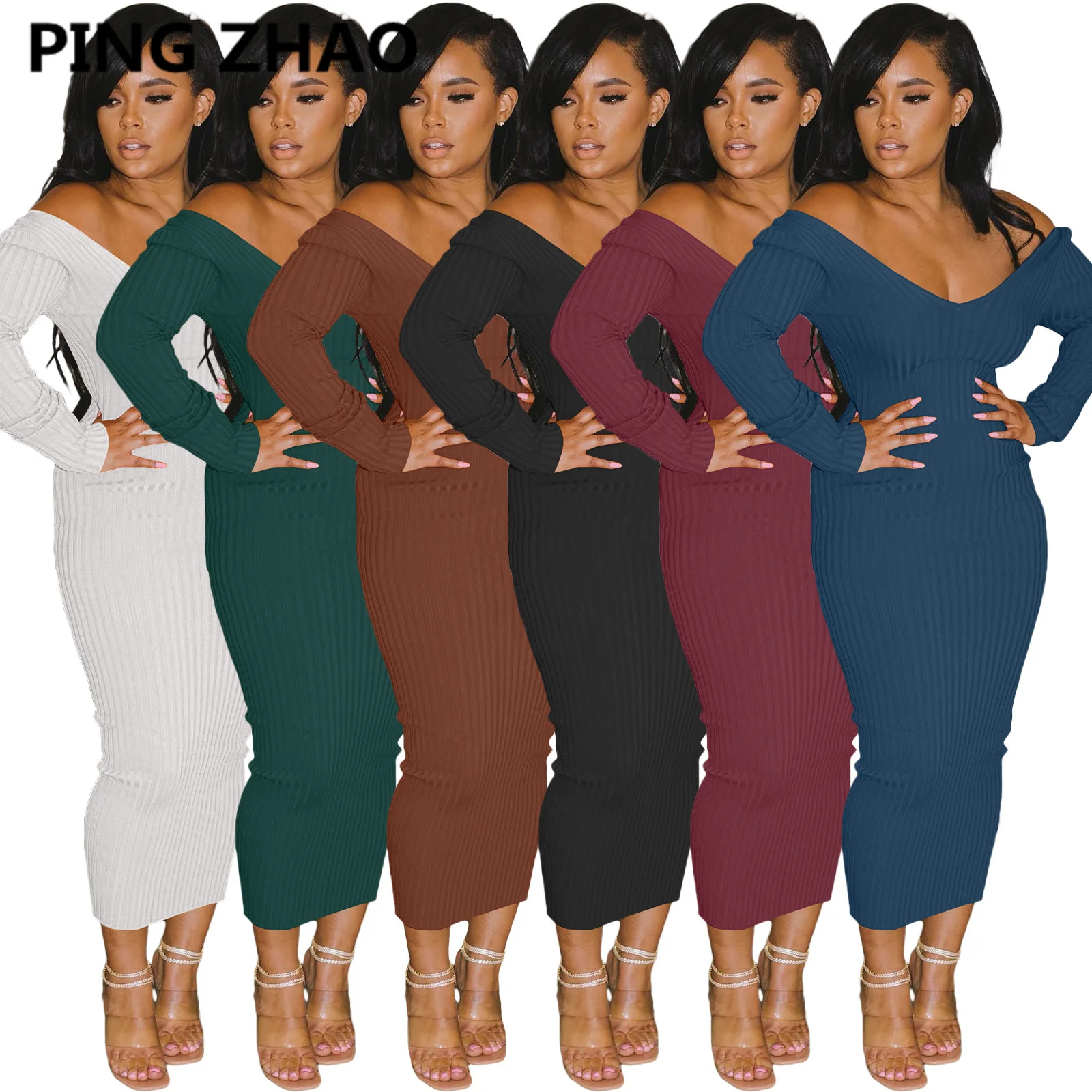 

PING ZHAO Autumn Winter V-neck Fashion Casual Long Sleeve Party Bodycon Dress Sexy Ribbed Knit Slim Midi Dresses