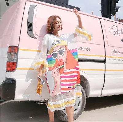 Женское Сетчатое платье с длинным рукавом черное мультяшным рисунком ulzzang в