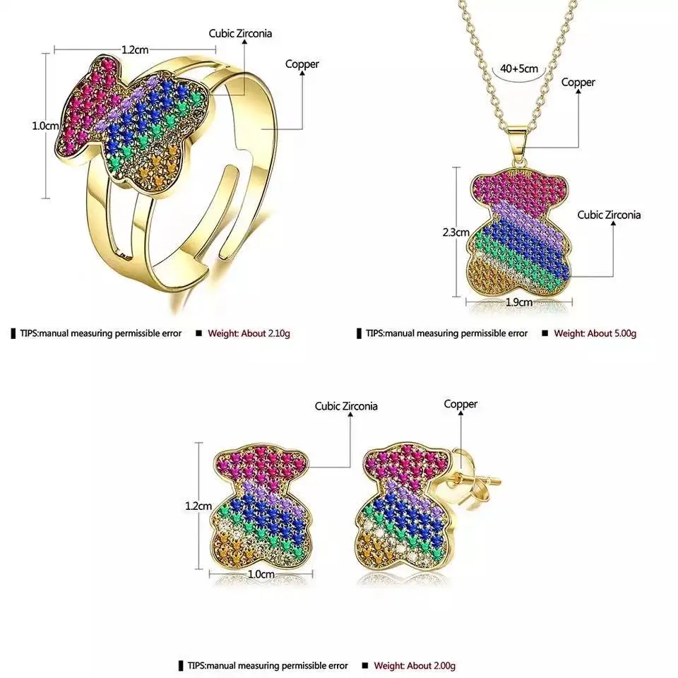 

wholesale Hollow Love Jewelry Set Cute Pretty Small Bear Ring Earrings And Pendant Necklace Cubic Zirconia Classic Jewelry