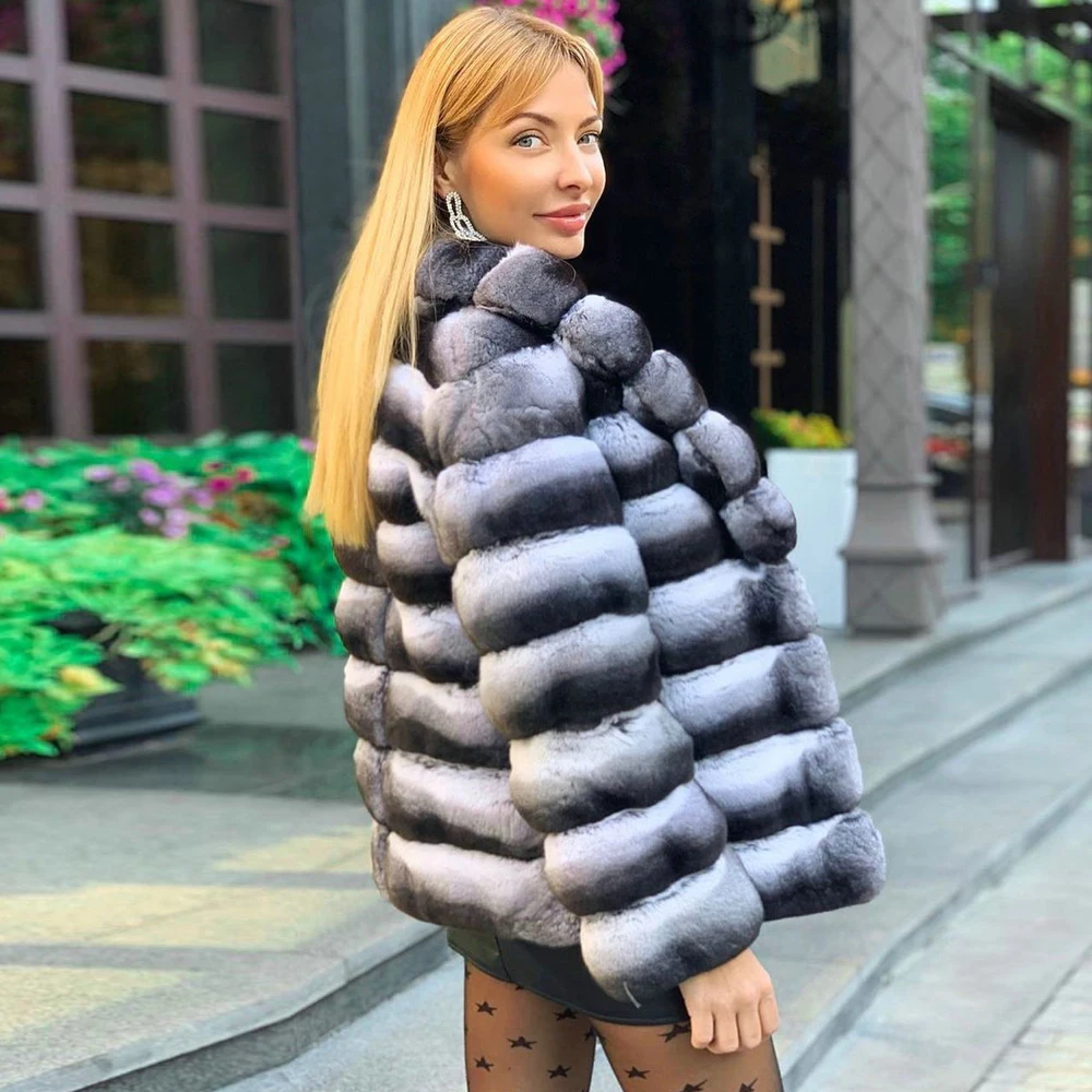 2022 New Winter Real Rex Rabbit Fur Coat with Lapel Collar Natural Chinchilla Color Genuine Rex Rabbit Fur Jacket Thick Overcoat