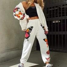 2 peça agasalho feminino borboleta imprimir casual esporte outfit branco treino conjuntos de correspondência plus size sportwear moda streetwear (2)