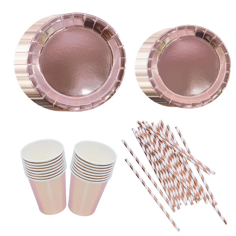 

Rose Gold Paper Cups Plates Straws Tableware Birthday Party Tableware Kids Baby Shower Wedding Decorations Table Decor For Home