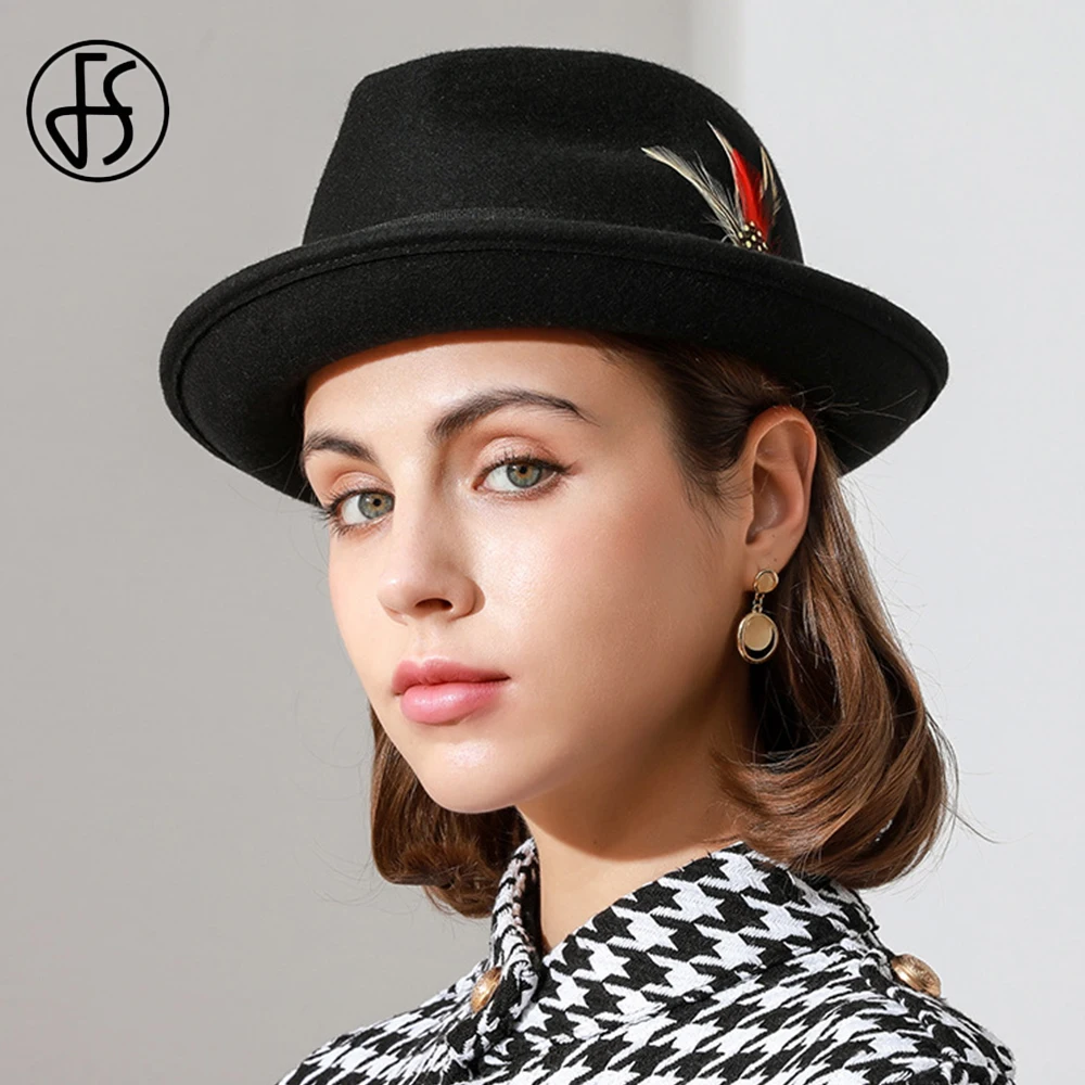 

FS Retro Women Jazz Hats Church Hats Fedora Feather Ribbon Hat For Wedding Elegant Panama Kentucky Derby Hat Cone Top Flat