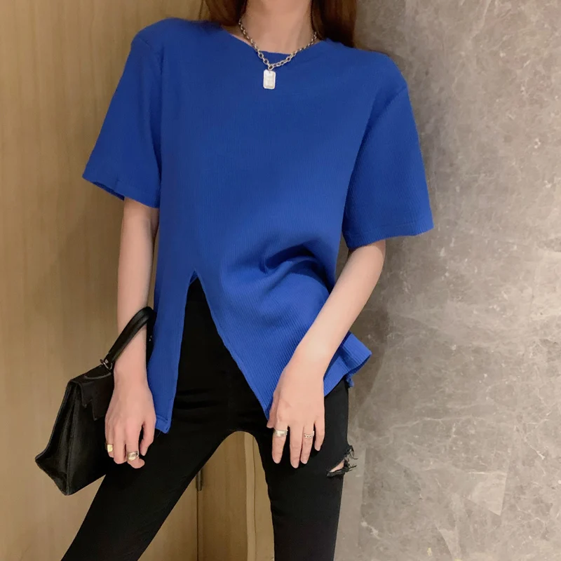 

Hzirip 2021 New Autumn Women Short-Sleeved T-Shirt O Neck Solid Color Split Loose Thin Minimalist Classic Casual Fashion Top