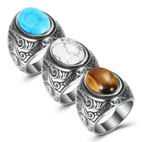 vintage handmade turkish jewelry blue stone black onyx ring retro silver color men wedding ring classic punk engagement jewelry