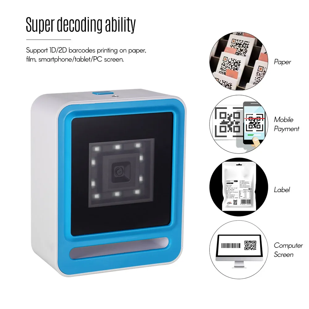 Aibecy беспроводной USB проводной 1D 2D QR сканер настольный Всенаправленный штрих кода