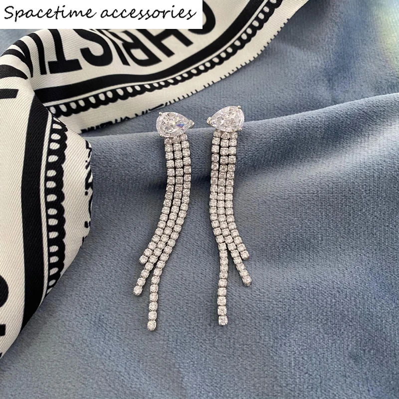 

EarringSterling Sparkling 100% 925 Silver 7*10mm High Carbon Diamond Long Tassel Earrings For Women Party Birthday JewelryRings