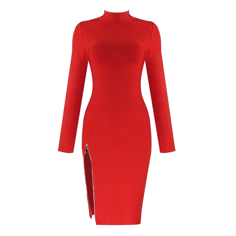 INDRESSME, новинка, женское сексуальное платье с О-образным вырезом, длинным рукавом, на молнии, с разрезом, Бандажное платье, вечерние, Клубные, зимние, до колена, платья - Цвет: Red