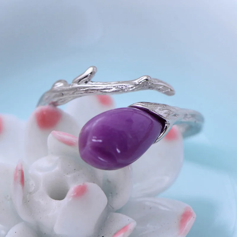 

925 Sterling Silver Jewelry Women Flower Rings with Violet Mica Tulip Opening Adjustable Female Rings