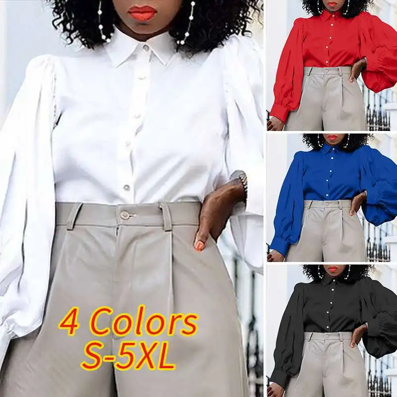 

Women Fashion Shirts 2021 VONDA Solid Color Long Sleeve Tops Lapel Neck Office Lady Shirts Casual Blouse Blusas Femininas S-5XL
